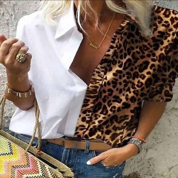 

fashion leopard print loose women's shirt elegant summer blouse mujer blusa blouses & shirts, White