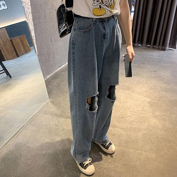 

women's jeans zoki 2021 women summer high waist hole denim wide leg pants solid wash loose street style bf ladies distressed, Blue