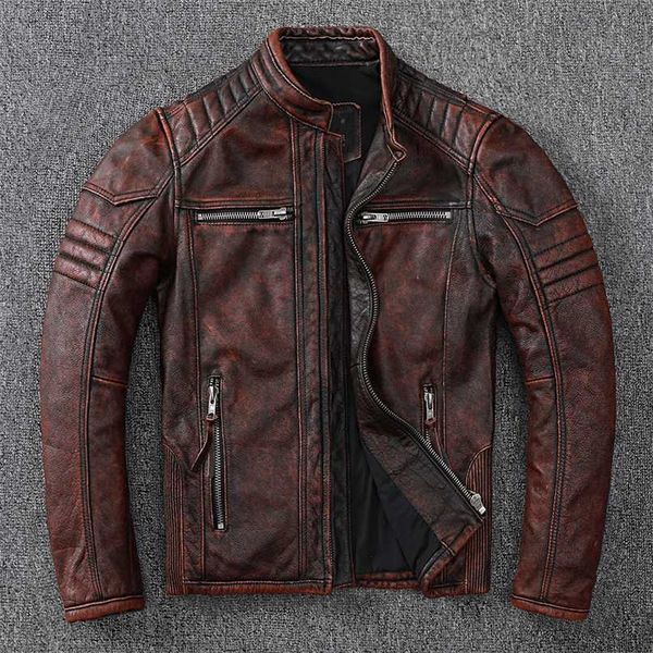 Casacos de Motocicleta Vintage Casaco de Couro Homens 100% Genuine Cowhide Couro Casaco Masculino Motociclista Roupas Outono Ásia Tamanho S-4XL M696 211111