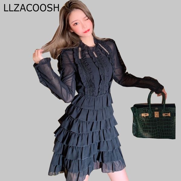 

spring women lace patchwork ruffles mini dress vintage long sleeve hollow out elegant slim chic cake dresses vestidos 210514, Black;gray