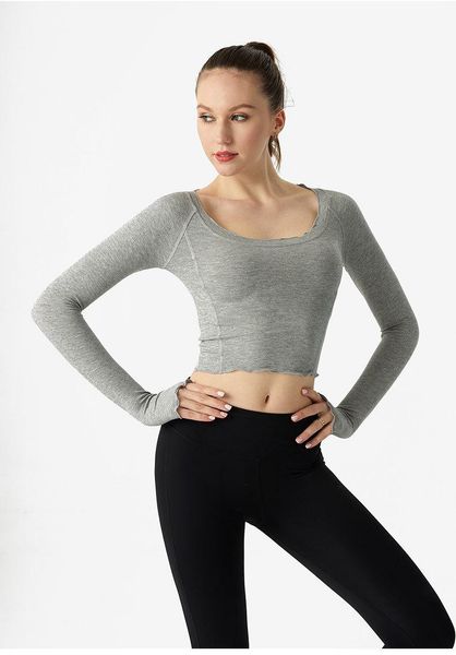 

women's t-shirt solid color slimming t-shirt, long sleeve round neck ruffled hem crop sports for yoga/fitness, White