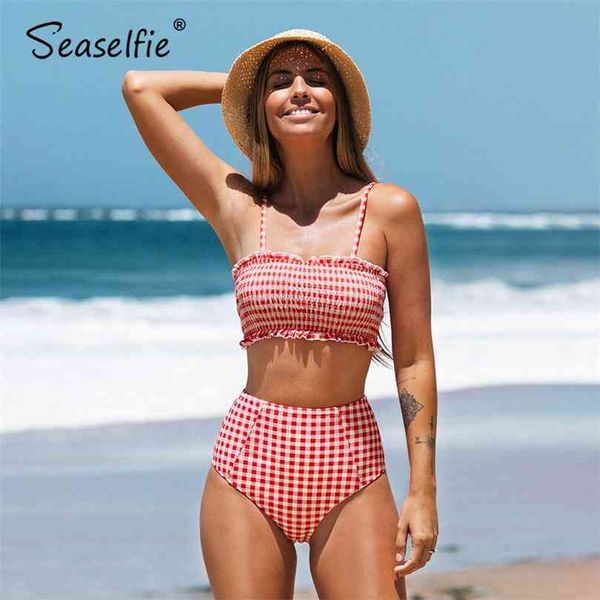 Seaselfie Sexy Vermelho Gingão Smocked Bikinis Set Swimwear Mulheres Swimsuits Banheira Terno Bandeau Beachwear Beijinho Beachwear 210712