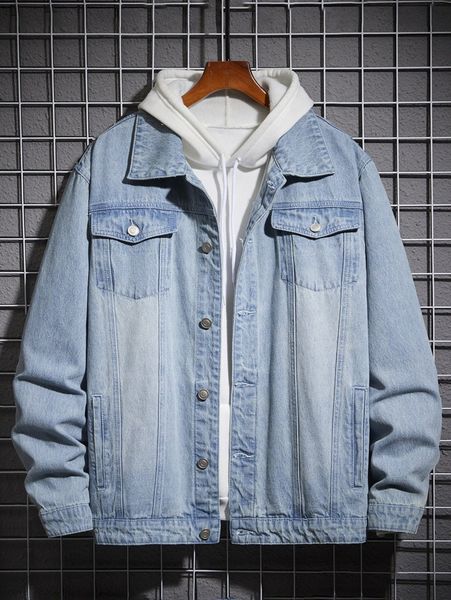 

men flap pocket button front denim jacket without hoodie a8eb#, Blue