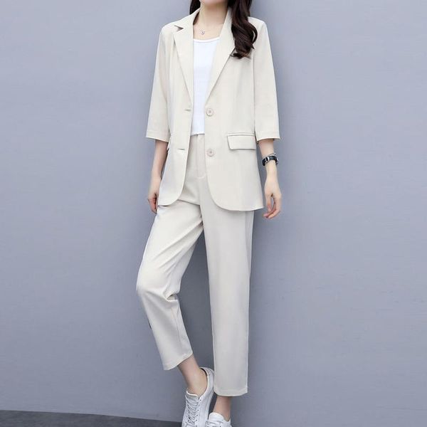 

women's two piece pants office lady blazer suits casual korean 2 set for women business ol single breasted jacket long, White