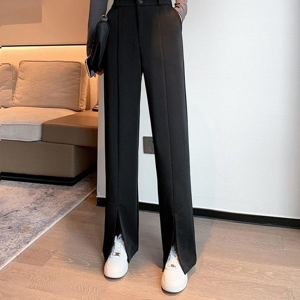 

women's pants & capris casual high waist button wide leg for women spring summer loose female floor-length split suits ladies trousers, Black;white