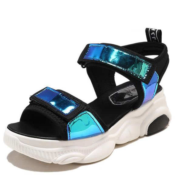 

sandals 2021 summer colorful women fashion slope high heel laser trifle platform lightweight open-toed shoes, Black