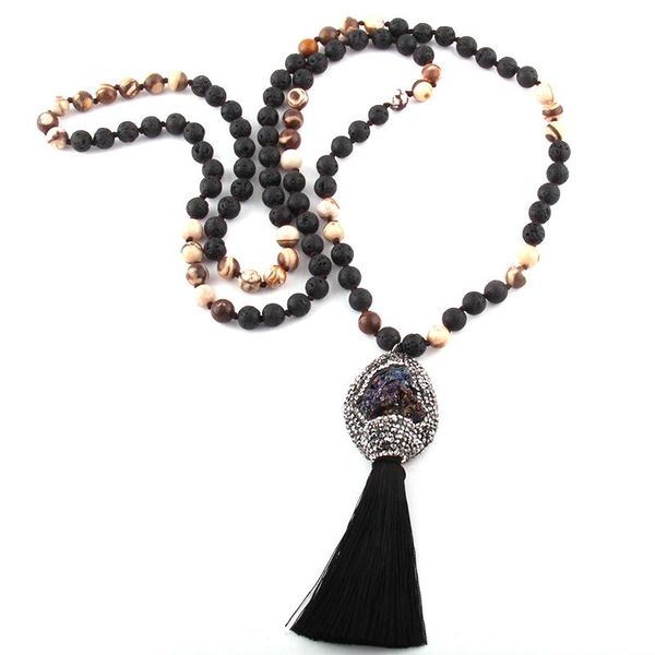 

pendant necklaces fashion bohemian jewelry 108pc natural stone knotted druzy & tassel necklace for women ethnic, Silver