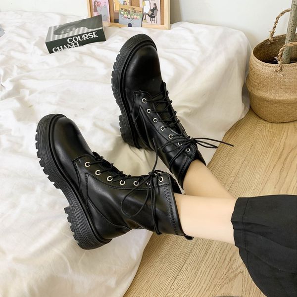 

thick sole platform ankle boots for women shoes woman lace up solid black leather short boots woman autumn winter punk booties