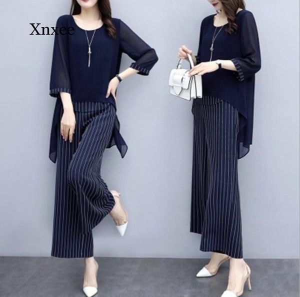 

women's tracksuits s-3xl summer chiffon 2 two piece sets outfits women plus size asymmetrical blouses and wide leg pants suits elegant, Gray