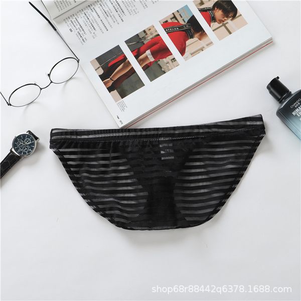 

men's triangle ultra thin ice transparent new underwear pinduoduo stripe net, Black;white
