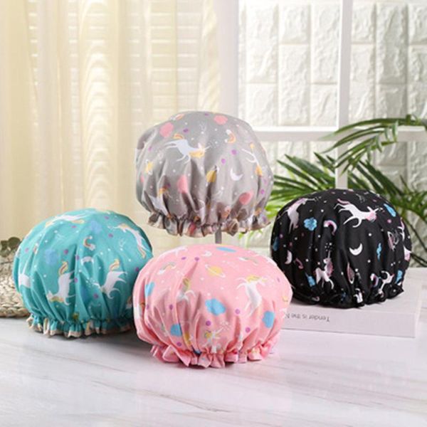 

shower caps polyester ladies multicolor hats double layer cartoon cap hair bathing accessories bathroom cute waterproof