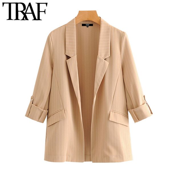 

traf women fashion office wear striped blazer coat vintage rolled-up long sleeve pockets female outerwear chic 210415, Black;brown