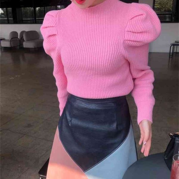 

long puff sleeve sweet sweater women autumn winter arrivals candy color turtleneck knitted sweaters and pullovers 210519, White;black