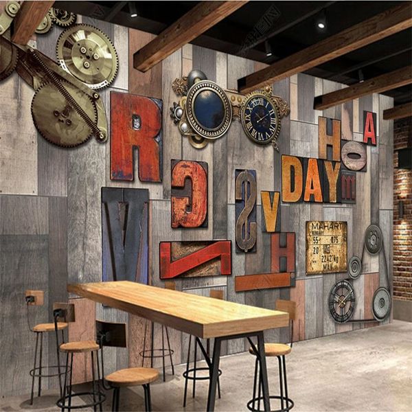

vintage gear wooden board alphabet background wall 3d murals wallpaper for living room