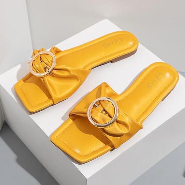 

outdoor slippers women's flip flops fashion belt buckle flat heel solid color square toe ladies summer shoes plus size footwear, Black