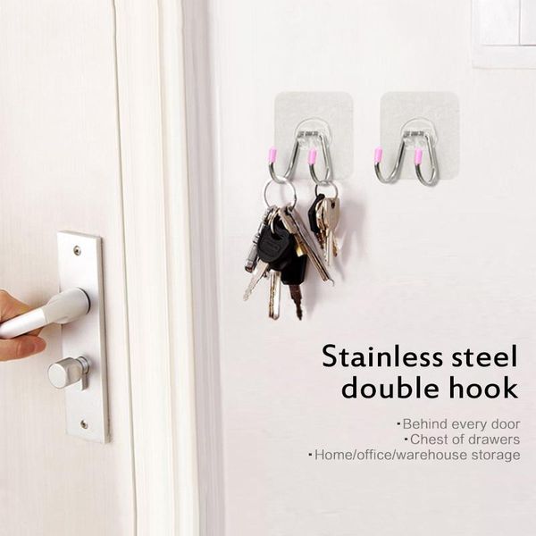 

pcs nail-seamless stickers stainless steel double hook rack door porch key bag debris storage supplier hooks & rails