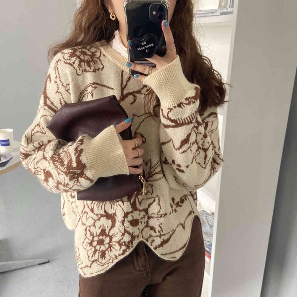 

sweaters for women chic irregular fashion retro o-neck knitwear floral printing sweater soft korean pullovers 210422, White;black