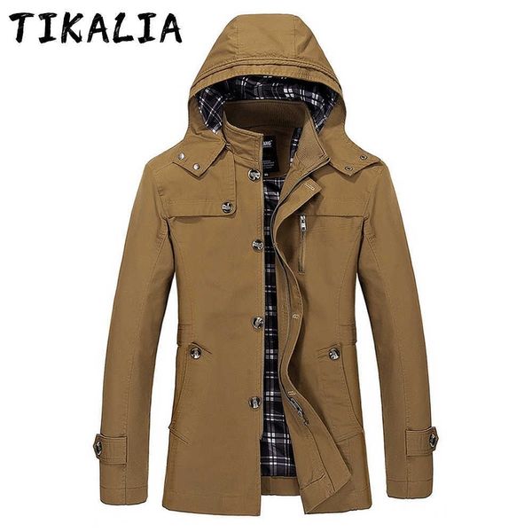 Trench coat con cappuccio Uomo Cappotto casual Autunno Inverno Uomo Tendenze Cammello Trenck con cappuccio Giacca monopetto stile coreano 211011