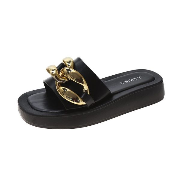 

2021 flat outdoor slides women slippers causal ladies square toe fashion metal decoration female shoes open toe beach lady shoes, Black