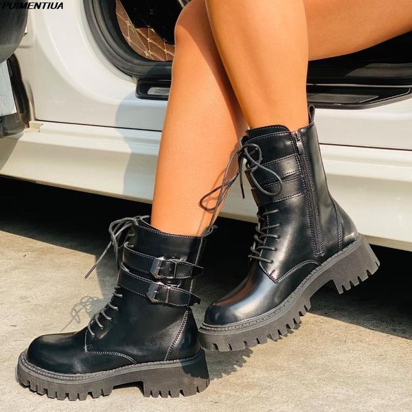 

boots puimentiua women leather platform black ankle motorcycle thick heel buckle zipper booties winter flat lace up shoes