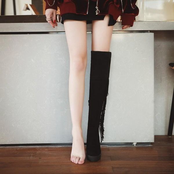 

boots plus size 10 11 12 thigh high knee over the women ladies fringe side zipper belt buckle, Black