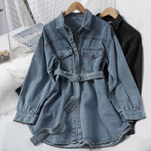 

women's jackets spring jean jacket female mid-length belt denim shirt coat korean style pocket blouse ladies outerwear casual, Black;brown