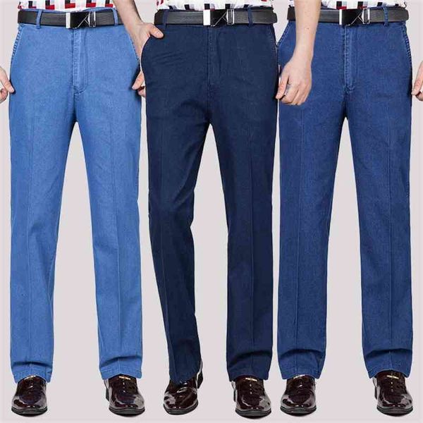 

men's jeans spring summer thin business for middle-aged and elderly large high waist elastic loose straight pants t2e4, Blue