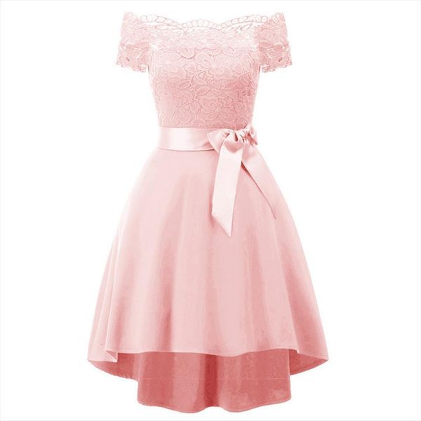 

vintage fashion slash neck womens dress short sleeve belt party ceremony hi lo lace swing wedding bridesmaid dresses, Black;gray