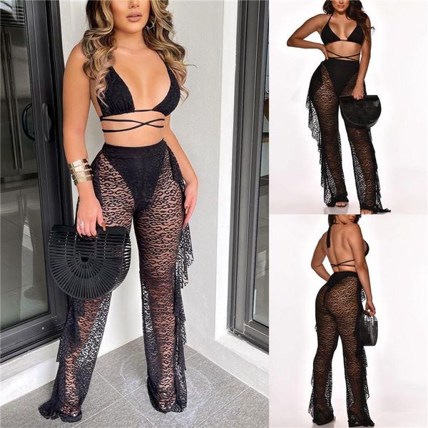 

women mesh lace see-through bikini cover ups leopard embroidery high waist long pants ruffle wide leg women's swimwear, White;black