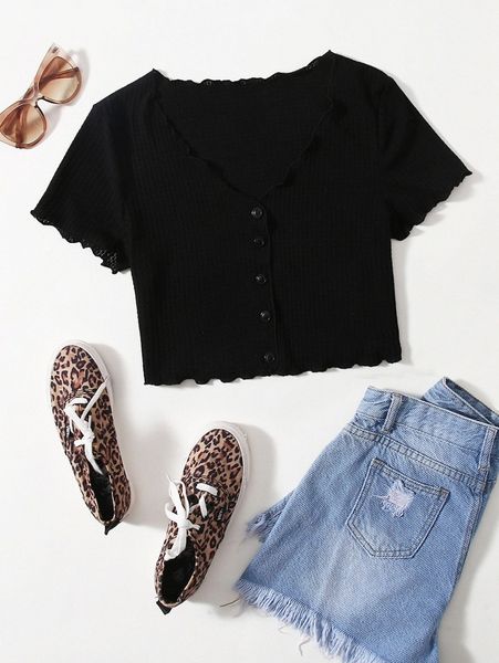 

plus lettuce trim waffle knit tee b6kf#, Black