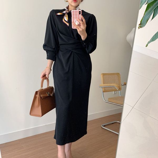 

dress japanese style autumn solid color long sleeve round neck cross high waist fashion temperament elegance womens size xl, Black;gray