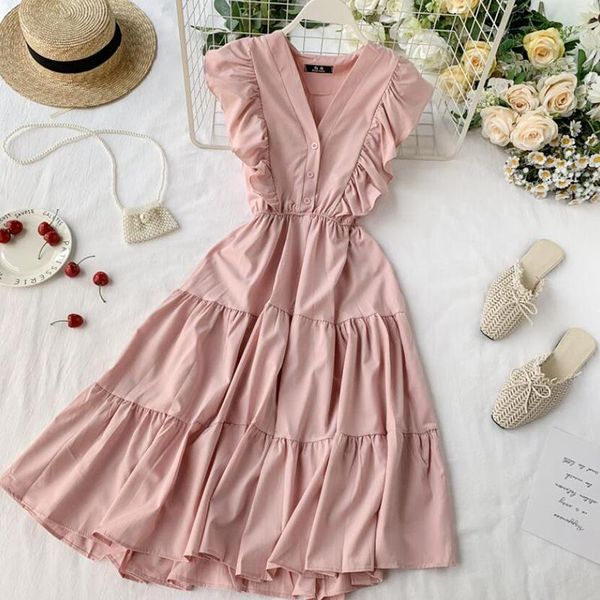 

casual dresses 2021 high waist v-neck ruffled sleeveless dress female summer versatile temperament long slim fishtail, Black;gray