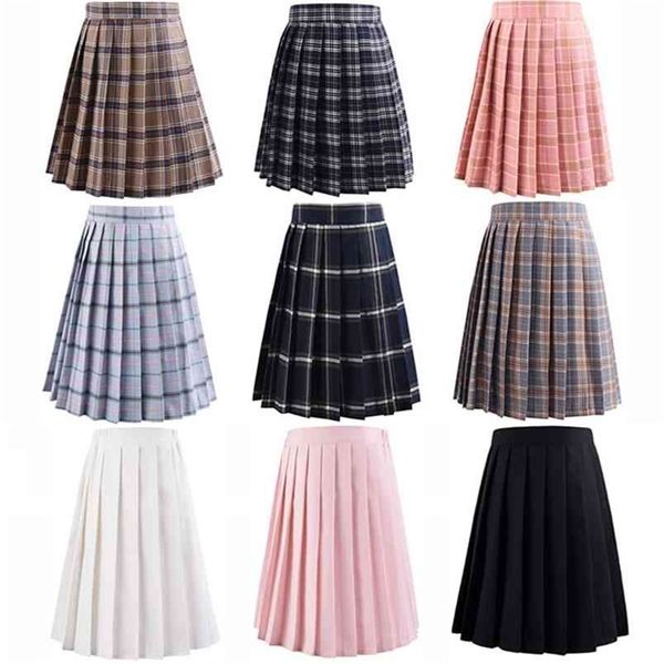 Harajuku Schwarze Röcke Damen Sommer Hohe Taille Anime Kawaii Schuluniform Kurzer Mini Weiß Rosa Plaid Faltenrock 210619