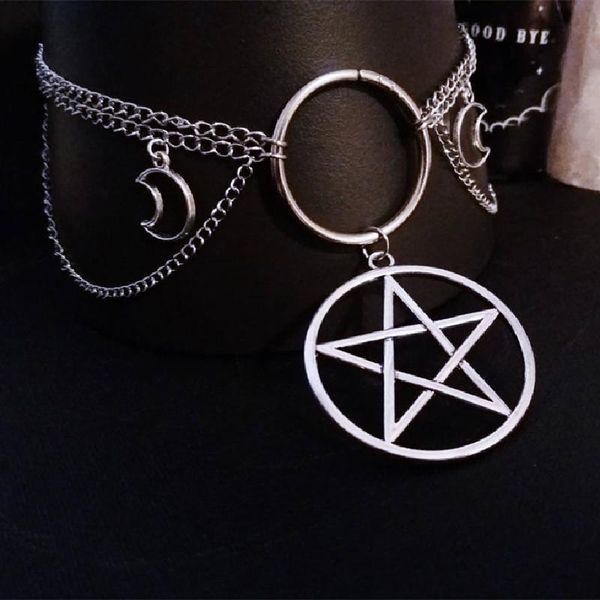 

pendant necklaces gothic pentagram choker necklace goth jewelry witch charm statement punk magic wiccan gift women fashion, Silver