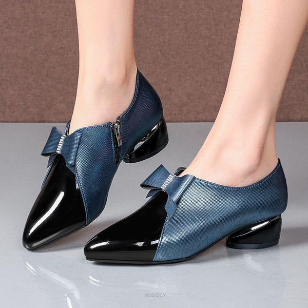 

dress shoes pumps women buckle-knot mid heels spring autumn patent leather comfort women's pointed office work zipper, Black