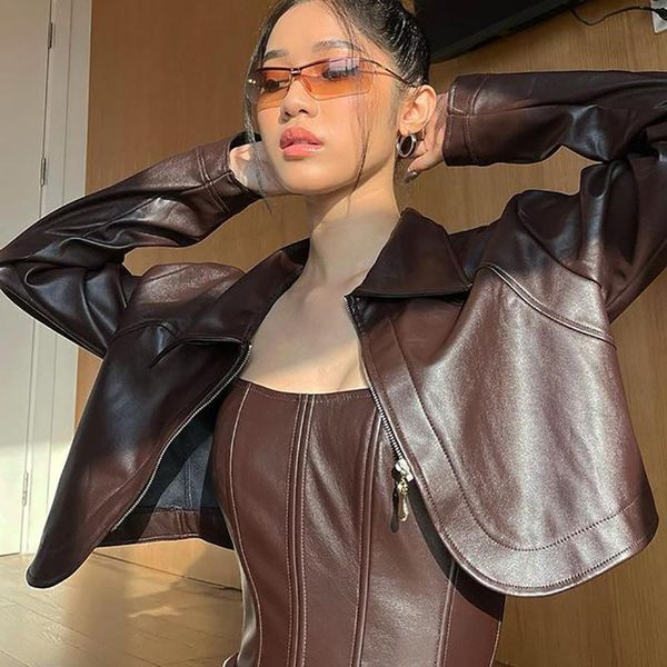 

women's jackets hirigin bomber jacket 2021 fashion autumn winter coat pu leather turn-down collar zipper long sleeve streetwear woman, Black;brown