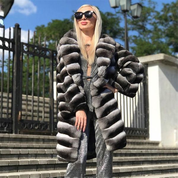 

women's fur & faux natural rex coat full pelt winter outwear long genuine coats chinchilla color, Black