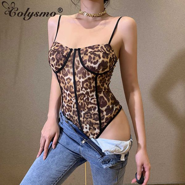 Colysmo Leopard Print Pagliaccetto Patchwork Regolabile Cinturino per spaghetti senza maniche Backless Skinny Body Top Donna Casual 210527