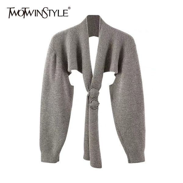 

twotwinstyle korean lace up knitted short for women v neck long sleeve casual sweater female fashion clothing autumn 210517, White;black