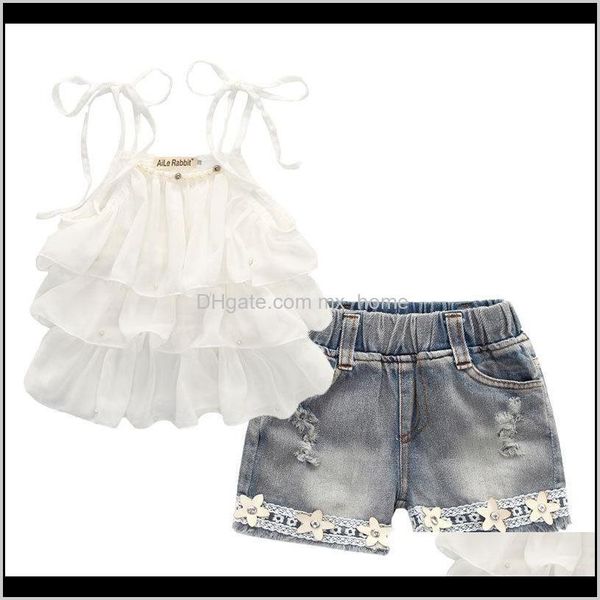 Verão Coreano Childrens Girls Suit Chiffon Cake Sling Calças 2 pcs Pearl Flor Halter Top Denim Shorts Crianças S Czzvx Sets YQCNR