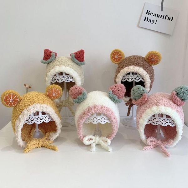 

caps & hats baby kids cute bear ears cartoon fruit lambswool for sweet girls warm soft thicken bandage 2021 winter, Yellow