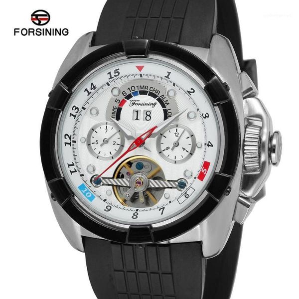 

brand men auto mechanical watch silicone round date multifunction tourbillon sub-dials military sport wristwatches, Slivery;brown