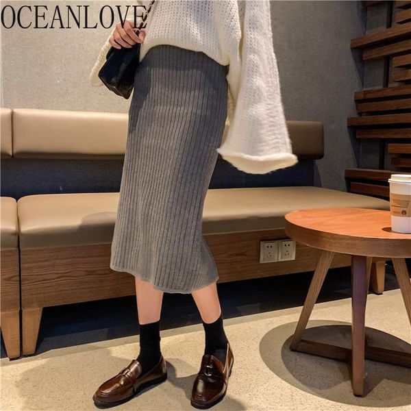 

knitted faldas mujer solid vintage high waist autumn winter skirts women korean elegant slim jupe hiver femme 18917, Black