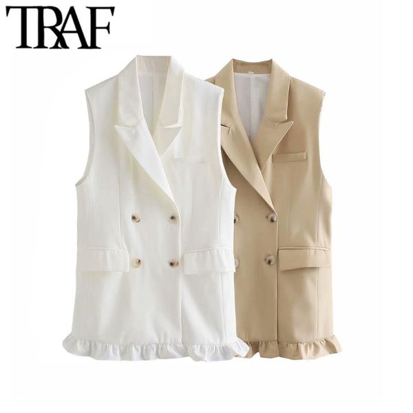

women's vests traf women fashion double breasted ruffled waistcoat vintage sleeveless flap pockets female vest coat chic, Black;white