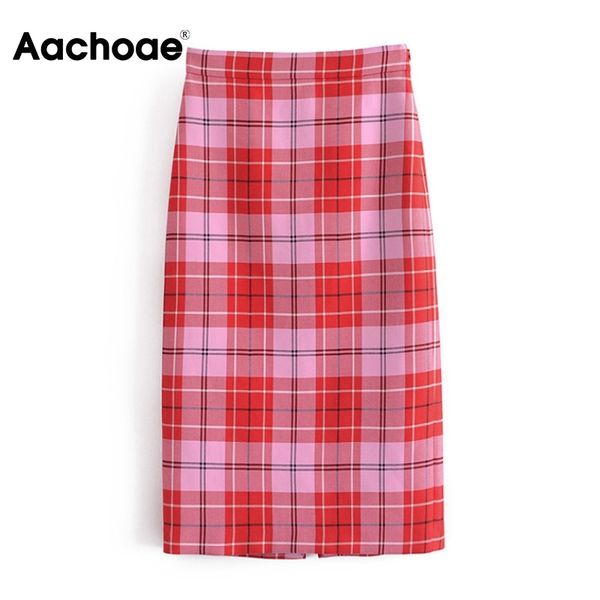 

aachoae women vintage plaid skirts high waist side zipper elegant skirt female back split party midi skirt jupe femme 210413, Black