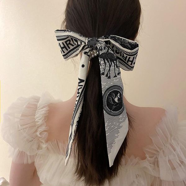 

hair clips & barrettes korean bow long ribbon scrunchie floral print dot pearl elastic band jewelry tie accessories, Golden;silver
