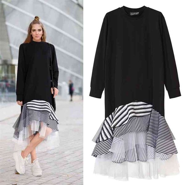 

women long sleeve t shirt midi dress patchwork stripe mesh ruffle flare asymmetrical hem pullover casual 210520, Black;gray