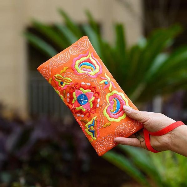 

women vintage ethnic floral embroidered coin clutch long wallet purse card holder handbags fs99, Red;black