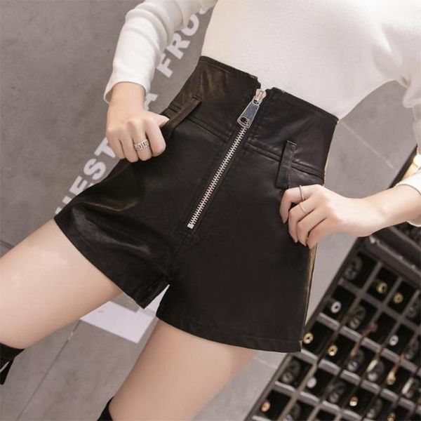 

women's shorts 2022 autumn winter black pu faux leather zipper high waist wide leg elegant female trousers y145, White;black