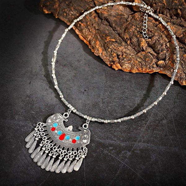 

vintage ethnic sliver color lock shape necklace for women gypsy bohemia stone tassel girls tibetan jewelry pendant necklaces, Silver